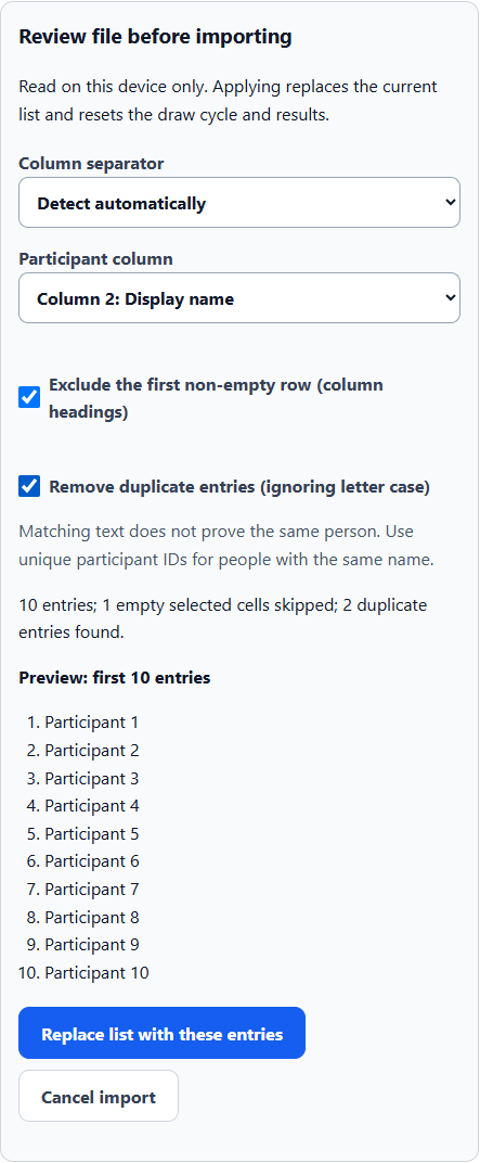Actual name-picker preview using the fictional practice file: second column, headings excluded, duplicate removal enabled. No real participant data is shown.